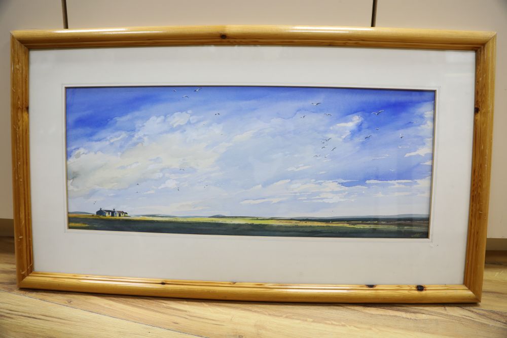 MC, watercolour, Open landscape, initialled, 23 x 59cm